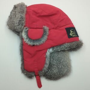 Mad Bomber Trapper Hat XL Red Nylon Natural Rabbit Fur Quilted Winter Pilot